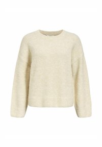 Pull à col rond de couleur crème clair ; texture douce, coupe décontractée, épaules tombantes, ourlet et poignets côtelés, fabriqué à partir d'un matériau tricoté chaud.