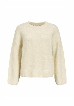 Pull à col rond de couleur crème clair ; texture douce, coupe décontractée, épaules tombantes, ourlet et poignets côtelés, fabriqué à partir d'un matériau tricoté chaud.