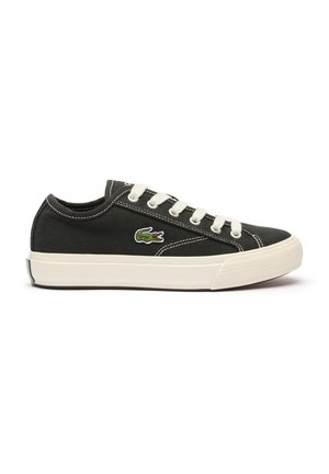 Canvas sneaker in dark green with a white rubber sole. Features white laces and stitching, with an embroidered crocodile logo on the side.