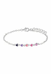 Silver chain bracelet featuring alternating colored heart charms in shades of purple and pink; secure lobster clasp and adjustable length.