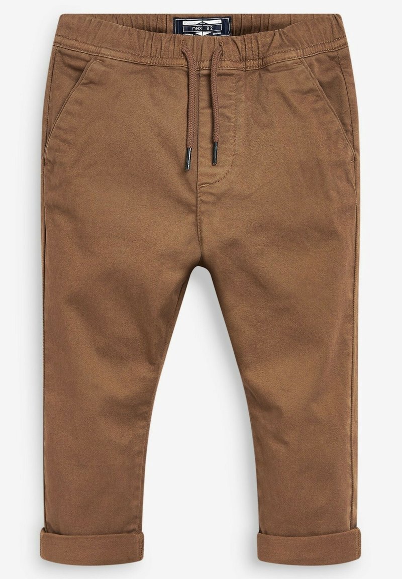 Pantalon en coton marron avec taille élastique, cordon de serrage, poches avant et revers roulés.