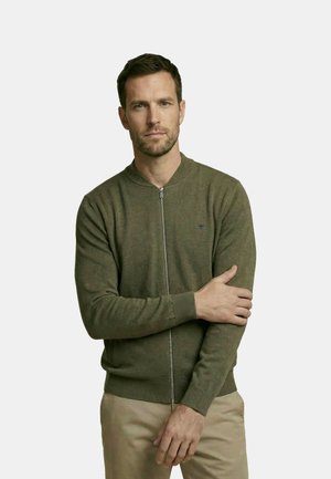 Mann trägt olivgrünen Pullover mit Reißverschluss, gerippten Bündchen und Kragen, steht mit einem Arm über der Brust verschränkt vor einfachem Hintergrund.