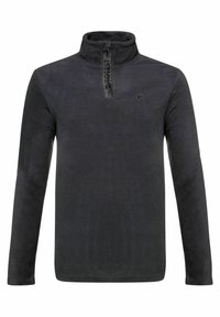 Pull-over en polaire gris foncé avec un col à demi-zip, présentant des accents de fermeture éclair noire et un petit logo sur la poitrine, texture lisse dans l'ensemble.
