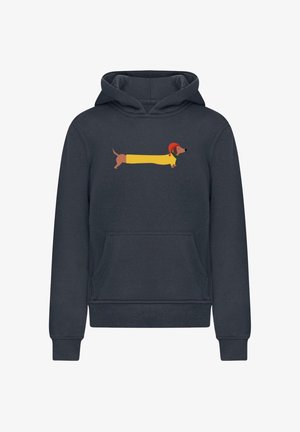 Navy blue hoodie featuring a cartoon dachshund design with a yellow body and red hat, made of soft fabric with a front pocket.