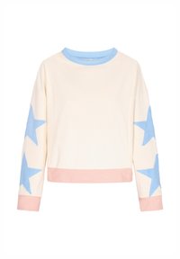 Felpa chiara con maniche lunghe, decorata con motivi a stelle blu sulle maniche, polsini e orlo rosa, e un colletto rotondo azzurro.