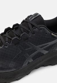 Chaussure de course noire avec une tige en mesh et texturée, étiquette GORE-TEX, design à lacets et semelle en caoutchouc moulé.