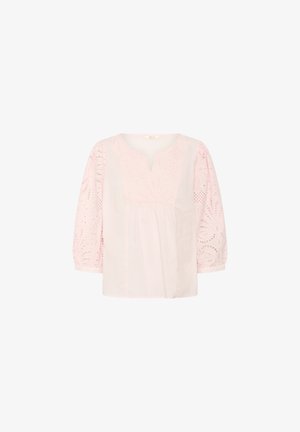 Lichtroze blouse met V-hals, voorzien van geborduurde pofmouwen en een losse pasvorm, gemaakt van lichtgewicht katoen.