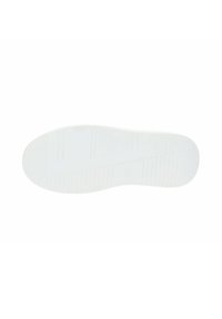 Semelle de chaussure en caoutchouc blanc avec une surface lisse, des rainures horizontales et verticales pour l'adhérence, et un bord de talon arrondi.
