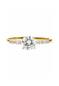 Anello di fidanzamento in oro con un grande diamante rotondo al centro, accompagnato da diamanti più piccoli lungo la fascia. Finitura liscia e lucida.