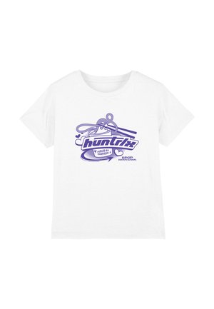 White cotton t-shirt with a purple graphic design featuring text and stylized noodles. Short sleeves, round neckline, relaxed fit.