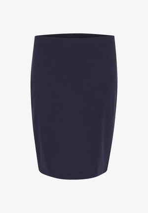 Tums zila svārku izgatavota no mīksta auduma, ar pieguļošu siluetu un elastīgu vidukli. Gluda tekstūra un ceļgala garuma dizains.