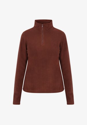 Pullover in pile marrone a maniche lunghe con colletto alto e chiusura a zip a un quarto, mostrato su uno sfondo bianco neutro.