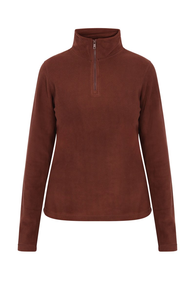 Brauner, langärmliger Fleece-Pullover mit hohem Kragen und einem Viertel-Reißverschluss, auf einem schlichten weißen Hintergrund abgebildet.