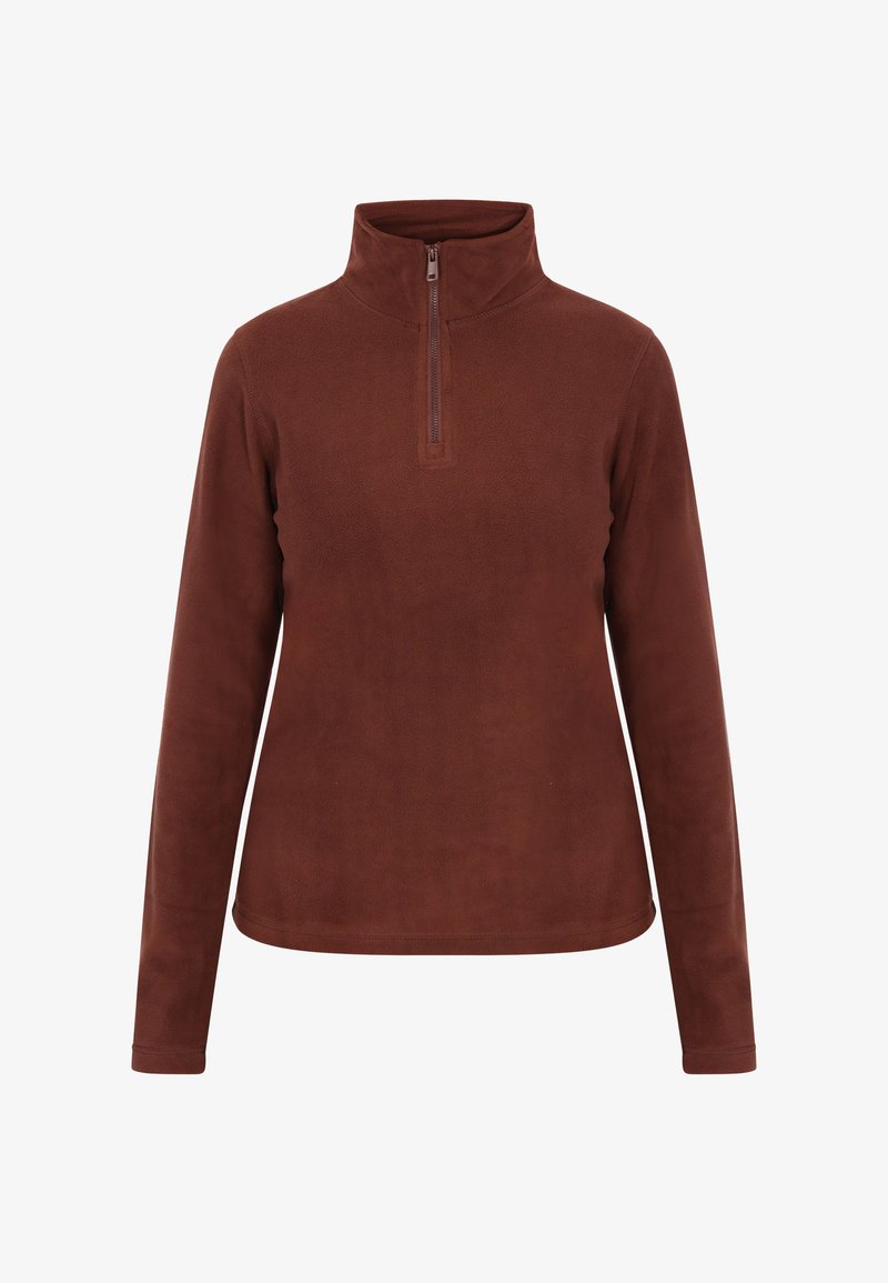 Brauner, langärmliger Fleece-Pullover mit hohem Kragen und einem Viertel-Reißverschluss, auf einem schlichten weißen Hintergrund abgebildet.