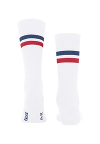 Calzini bianchi a crew con strisce blu navy e rosse sulla parte superiore, texture a coste e testo del marchio nella zona della suola.