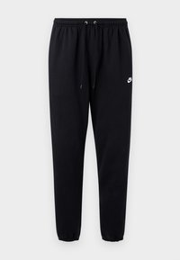 Černé tepláky s elastickým pasem, nastavitelnou šňůrkou a manžetami ze žebrovaného materiálu. Na levém stehně má bílé logo Nike.