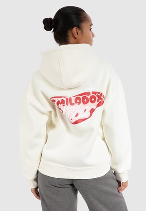 Sweatshirt à capuche blanc avec un grand graphisme rouge et rose au dos, mettant en avant le design "MILADOOX Sports Club". Tissu doux et texturé, coupe décontractée.