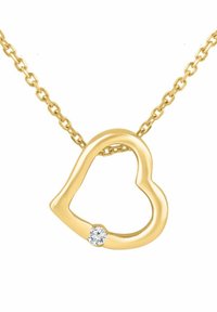 Naszyjnik w kształcie złotego serca o gładkiej fakturze z małym diamentem, zawieszony na łańcuszku z ogniw.