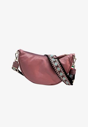 Sac en cuir en rose doux, de forme arrondie, avec fermeture éclair et sangle réglable à motif présentant des designs géométriques en noir, rose et turquoise.