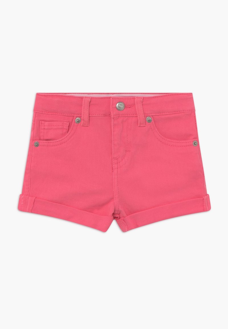 Růžové džínsové šortky s ohrnutými lemy, předními kapsami a kovovým zapínáním na knoflík. Hladká textura a jednobarevný design.