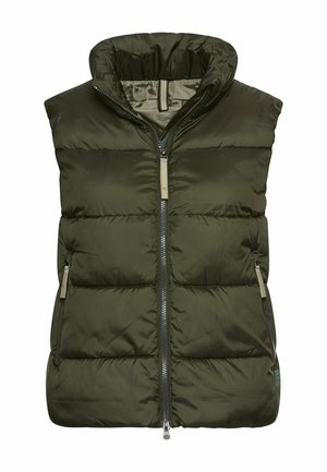 Olijfgroene gewatteerde mouwloze vest met hoge kraag, rits aan de voorkant en ritszakken aan de zijkanten.