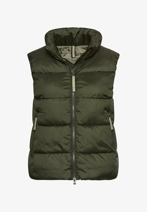 Olive green padded sleeveless vest with high collar, front zipper, and zippered side pockets.
