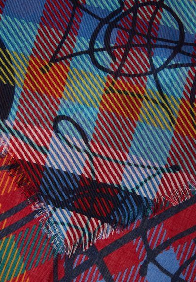 Έγχρωμο καρό ύφασμα με επικαλυπτόμενες διαγώνιες ρίγες και μαύρες αφηρημένες καμπύλες γραμμές, με ξεφτισμένες άκρες.