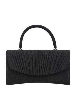 Czarna torebka kopertówka z teksturowanej tkaniny, z marszczeniami na klapie i pojedynczym, zaokrąglonym uchwytem.