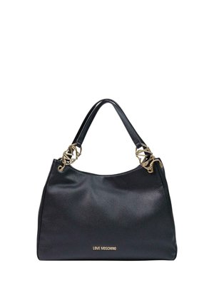 Sac à main Moschino noir avec ferrure dorée et double poignée, en cuir texturé, avec le logo de la marque à l'avant.