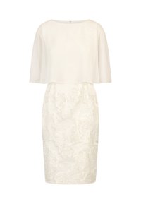 White dress with short cape sleeves, floral textured design, and fitted silhouette. Smooth fabric with a subtle sheen, knee-length style.