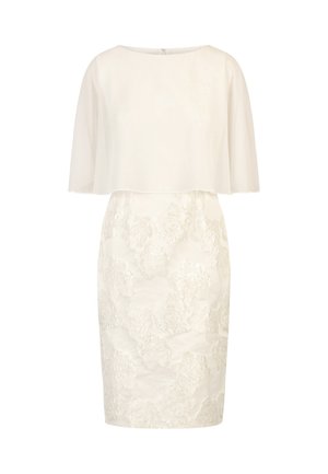 Abito bianco con maniche a cappottino corte, design floreale testurizzato e silhouette aderente. Tessuto liscio con una leggera lucentezza, stile a ginocchio.