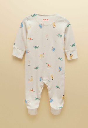 Weißer Baby-Strampler mit mehrfarbigem Tierparty-Motiv, darunter Löwen, Krokodile, Flamingos und Giraffen, mit langen Ärmeln und Fußöffnungen.