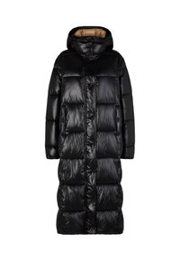 Long black puffer coat with a glossy finish, hood, and large quilted sections. Features a brown lining and two front pockets.