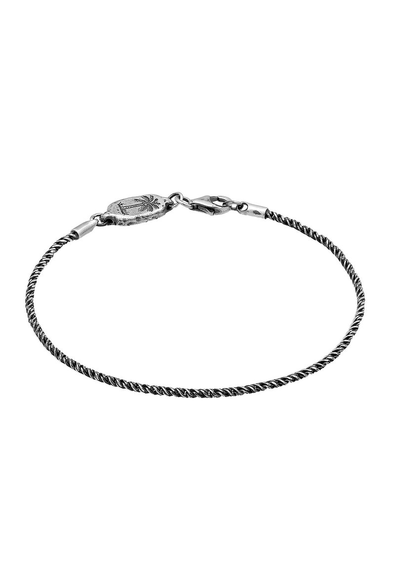 Silver twisted wire bracelet with an engraved oval clasp. Features smooth texture and a minimalistic design, suitable for casual wear.