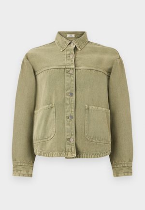 Φωτεινό ελαιοπράσινο τζιν μπουφάν με μακριά μανίκια, κουμπιά τύπου σναπ στο μπροστινό μέρος, δύο μεγάλες μπροστινές τσέπες και μυτερό γιακά.