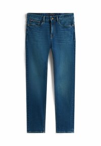 Jeans slim fit blu scuro con cinque tasche e chiusura con bottone, caratterizzati da una leggera scoloritura sulle cosce e un piccolo tag a bandiera sulla tasca per le monete.