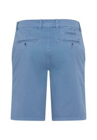 Light blue casual shorts with belt loops, two back buttoned welt pockets, and one small back slit pocket.