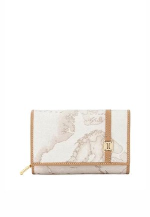 Portafoglio rettangolare con motivo a mappa beige, bordo marrone chiaro, cursore della zip dorato e dettaglio con fermaglio dorato sulla fascia anteriore.