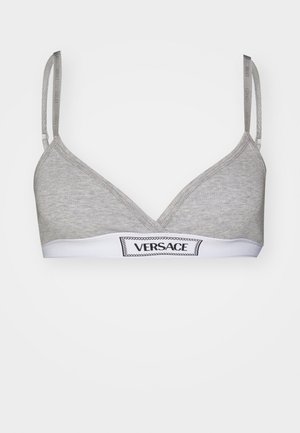 Siva bombažna mešanica bralette v trikotni obliki, z tankimi nastavljivimi naramnicami in belo elastično trakovo z logotipom "VERSACE".
