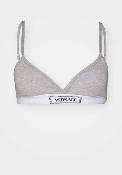 Siva bombažna mešanica bralette v trikotni obliki, z tankimi nastavljivimi naramnicami in belo elastično trakovo z logotipom "VERSACE".