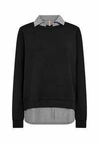 Schwarzes Langarm-Sweatshirt mit einem gestreiften Weiß- und Schwarzkragen, das ein geschichtetes Saumdesign und einen weichen, strukturierten Stoff aufweist.