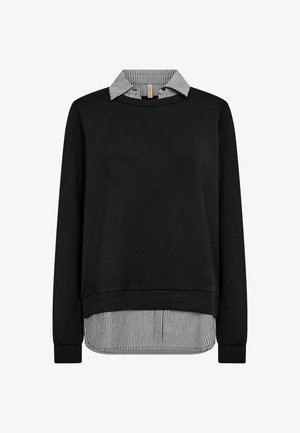 Zwarte sweatshirt met lange mouwen en een gestreepte witte en zwarte kraag, met een gelaagde zoomontwerp en zachte, textuurstof.