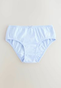 Light blue cotton women’s briefs with scalloped lace trim and a small bow centered on the waistband.