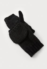 Schwarze gestrickte Handschuhe mit einem gerippten Bündchen, ausgestattet mit einer umklappbaren Klappe für die Fingerfreigabe und mehrfarbigen Sprenkeln im gesamten Stoff.
