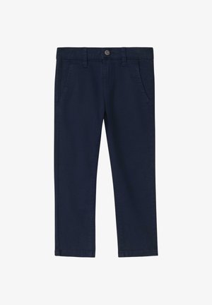 Marineblauwe katoenen broek met knoopsluiting, riemlussen en zijzakken. Gladde textuur met een rechte pijp.