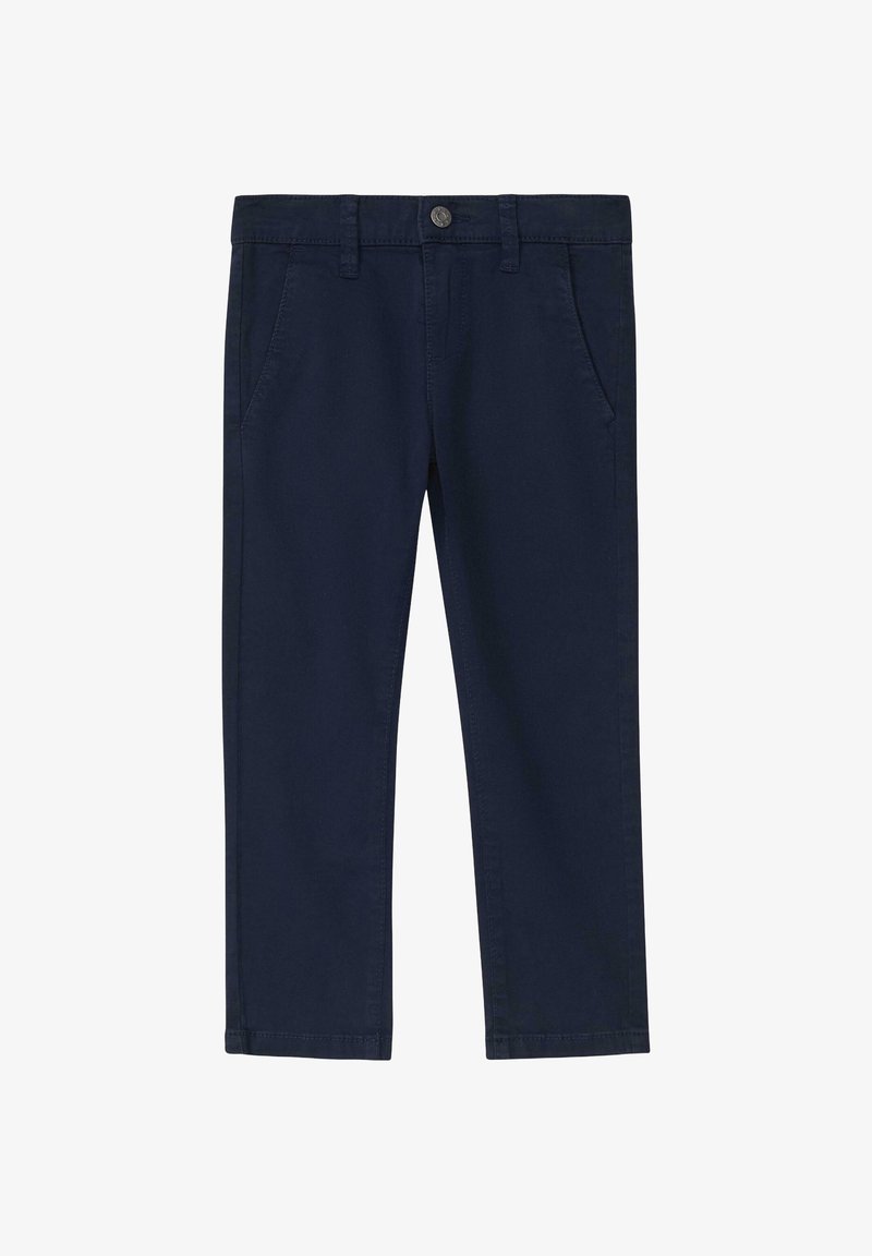 Marineblaue Baumwollhose mit Knopfverschluss, Gürtelschlaufen und seitlichen Taschen. Glatte Textur mit geradem Schnitt.