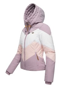 Letvægts, quilted jakke med hætte, pink og hvid farveblokdesign, lynlåslommer og elastiske manchetter. Holdbart stof med en glat tekstur.