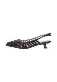 Sandalo slingback nero con design intrecciato, punta aperta e tacco basso. Realizzato in un materiale liscio con una forma strutturata.