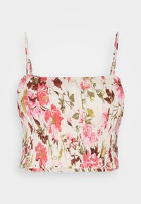 Afskåret hvid blomstret tank top med pink og grønne blomster, rynkede detaljer og tynde justerbare stropper.