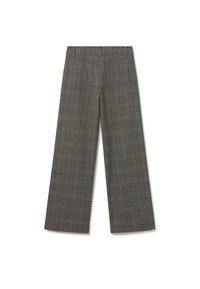 Pantalones de pierna ancha de cuadros grises con una textura suave, que cuentan con dos bolsillos traseros y una cintura alta para un ajuste a medida.